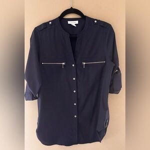Calvin Klein Blue Cuffed Sleeve Mandarin Collar Blouse